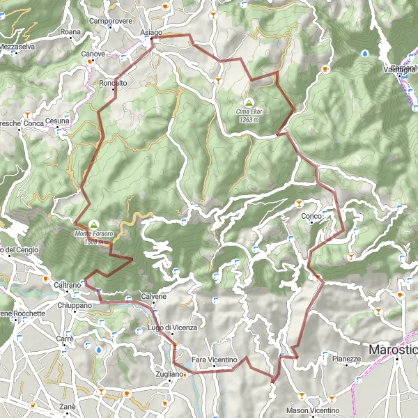 Zemljevid v pomanjšavi "Kolesarska pot od Cime Ekra do Asiaga" kolesarske inspiracije v Veneto, Italy. Generirano z načrtovalcem kolesarskih poti Tarmacs.app