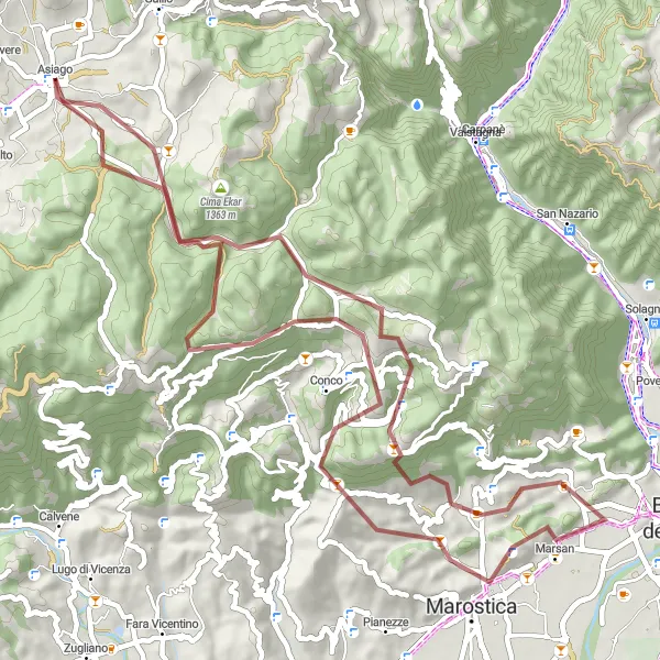 Miniatura della mappa di ispirazione al ciclismo "Monte Campantile e Cima di Ciò" nella regione di Veneto, Italy. Generata da Tarmacs.app, pianificatore di rotte ciclistiche