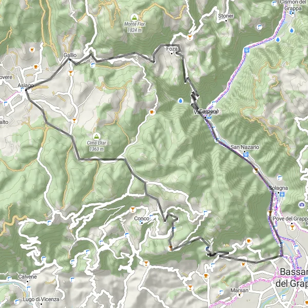 Miniatura della mappa di ispirazione al ciclismo "Giro in bicicletta da Asiago" nella regione di Veneto, Italy. Generata da Tarmacs.app, pianificatore di rotte ciclistiche