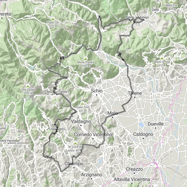 Miniatua del mapa de inspiración ciclista "Ruta de Ciclismo de Carretera alrededor de Asiago" en Veneto, Italy. Generado por Tarmacs.app planificador de rutas ciclistas