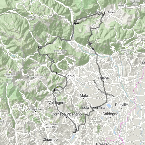 Miniatura mapy "Trasa w kierunku Monte Lemerle i z powrotem" - trasy rowerowej w Veneto, Italy. Wygenerowane przez planer tras rowerowych Tarmacs.app