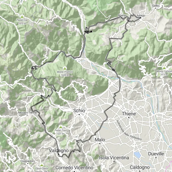 Zemljevid v pomanjšavi "Ciklična pot okoli Asiaga" kolesarske inspiracije v Veneto, Italy. Generirano z načrtovalcem kolesarskih poti Tarmacs.app