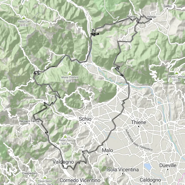 Karttaminiaatyyri "Jännittävä maantieretki Canovesta Roanaan" pyöräilyinspiraatiosta alueella Veneto, Italy. Luotu Tarmacs.app pyöräilyreittisuunnittelijalla