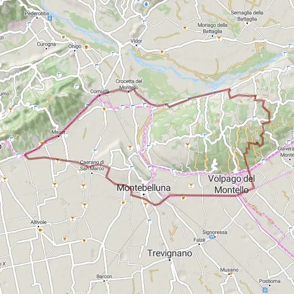 Miniatura della mappa di ispirazione al ciclismo "Esplorando il Montello in Gravel" nella regione di Veneto, Italy. Generata da Tarmacs.app, pianificatore di rotte ciclistiche