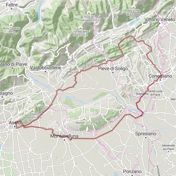 Mapa miniatúra "Gravel okruh cez Asolo" cyklistická inšpirácia v Veneto, Italy. Vygenerované cyklistickým plánovačom trás Tarmacs.app