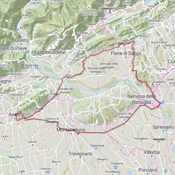 Miniaturní mapa "Gravel Route to Monte Villa" inspirace pro cyklisty v oblasti Veneto, Italy. Vytvořeno pomocí plánovače tras Tarmacs.app