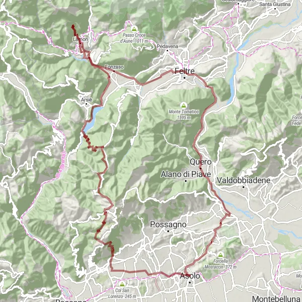 Map miniature of "Asolo-Colmarion-Pagnano-Borso del Grappa-Monte Rivon-Monte Fredina-Lamon-Col ..." cycling inspiration in Veneto, Italy. Generated by Tarmacs.app cycling route planner
