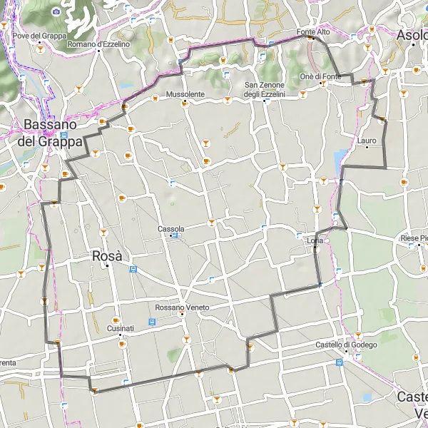 Mapa miniatúra "Cyklotúra cez Loria a Mussolente" cyklistická inšpirácia v Veneto, Italy. Vygenerované cyklistickým plánovačom trás Tarmacs.app