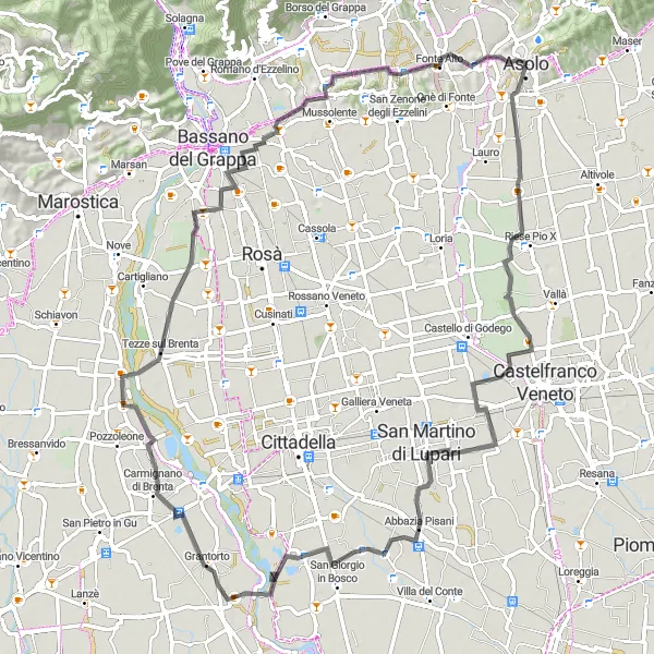 Zemljevid v pomanjšavi "Asolo do Mussolente" kolesarske inspiracije v Veneto, Italy. Generirano z načrtovalcem kolesarskih poti Tarmacs.app