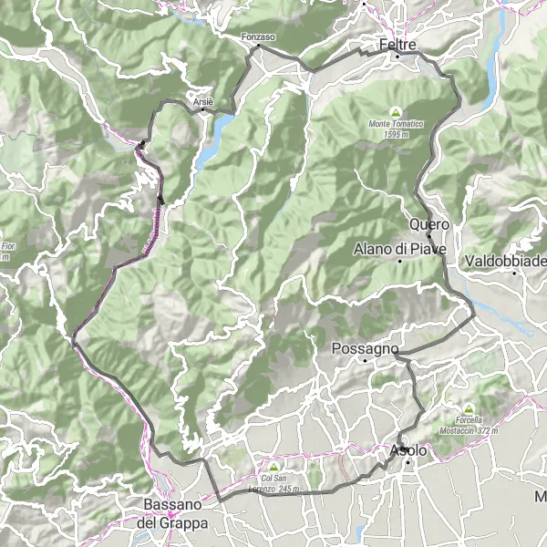 Map miniature of "Asolo-San Zenone degli Ezzelini-Monte Gallo-Monte Bastia-Valstagna-Col Bartaise-Arsiè..." cycling inspiration in Veneto, Italy. Generated by Tarmacs.app cycling route planner