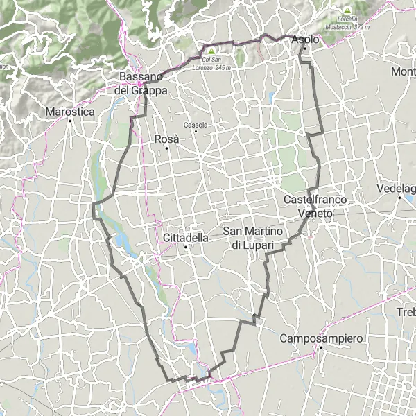 Kartminiatyr av "Vackra Vägar runt Asolo" cykelinspiration i Veneto, Italy. Genererad av Tarmacs.app cykelruttplanerare