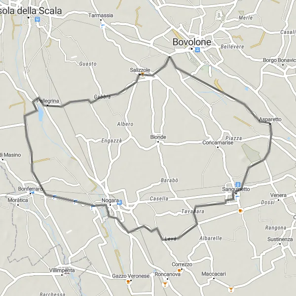 Miniature de la carte de l'inspiration cycliste "Boucle routière de Sanguinetto à Salizzole" dans la Veneto, Italy. Générée par le planificateur d'itinéraire cycliste Tarmacs.app
