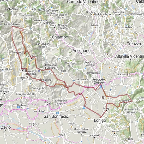 Miniatura della mappa di ispirazione al ciclismo "Esplorazione in Gravel tra Campiano e Scorgnano" nella regione di Veneto, Italy. Generata da Tarmacs.app, pianificatore di rotte ciclistiche