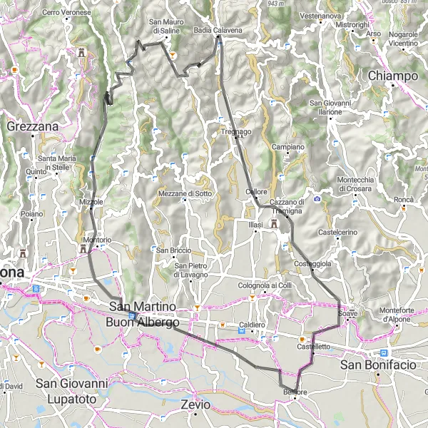 Map miniature of "The Vineyards of Veneto" cycling inspiration in Veneto, Italy. Generated by Tarmacs.app cycling route planner