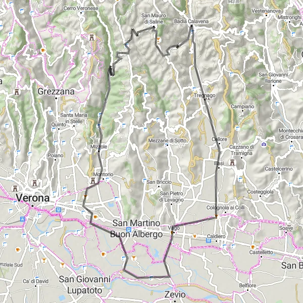 Miniatua del mapa de inspiración ciclista "Ruta de ciclismo de carretera desde Badia Calavena" en Veneto, Italy. Generado por Tarmacs.app planificador de rutas ciclistas