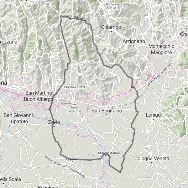 Miniature de la carte de l'inspiration cycliste "Circuit Road Gambellara et Oppeano" dans la Veneto, Italy. Générée par le planificateur d'itinéraire cycliste Tarmacs.app