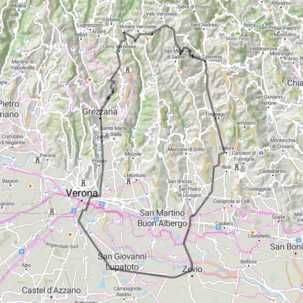 Mapa miniatúra "Cesta smerom k Passo dello Spin del Poiero" cyklistická inšpirácia v Veneto, Italy. Vygenerované cyklistickým plánovačom trás Tarmacs.app