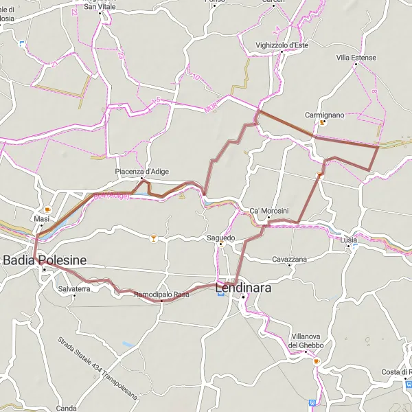 Miniatua del mapa de inspiración ciclista "Ruta de Grava a Piacenza d'Adige" en Veneto, Italy. Generado por Tarmacs.app planificador de rutas ciclistas