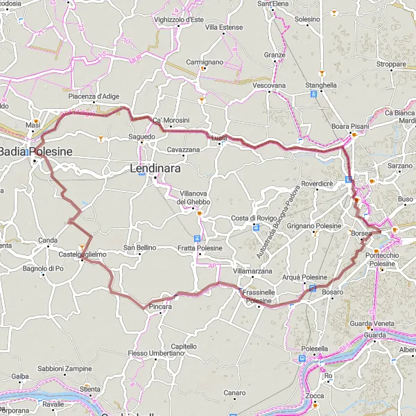 Zemljevid v pomanjšavi "Raziščite neokrnjeno kolesarsko potovanje skozi podeželje" kolesarske inspiracije v Veneto, Italy. Generirano z načrtovalcem kolesarskih poti Tarmacs.app