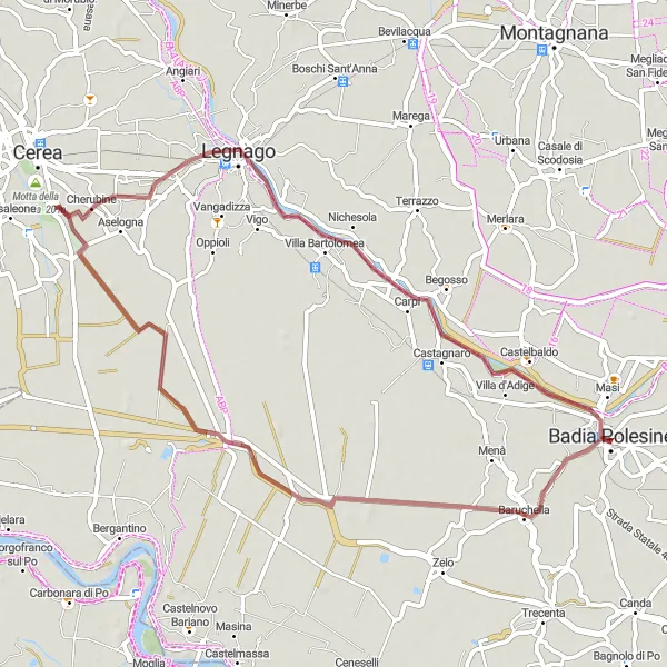 Kartminiatyr av "Gruskjøring til Castelbaldo" sykkelinspirasjon i Veneto, Italy. Generert av Tarmacs.app sykkelrutoplanlegger