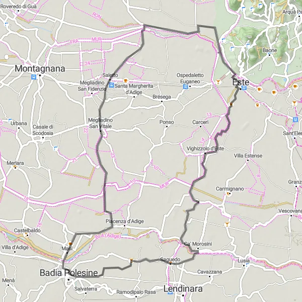 Miniaturní mapa "Cyklotrasa Megliadino San Vitale - Saguedo" inspirace pro cyklisty v oblasti Veneto, Italy. Vytvořeno pomocí plánovače tras Tarmacs.app