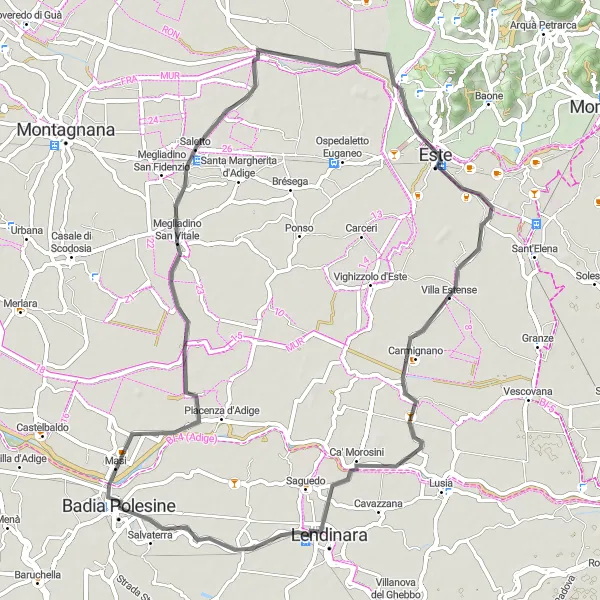 Zemljevid v pomanjšavi "Road Cycling Adventure near Badia Polesine" kolesarske inspiracije v Veneto, Italy. Generirano z načrtovalcem kolesarskih poti Tarmacs.app