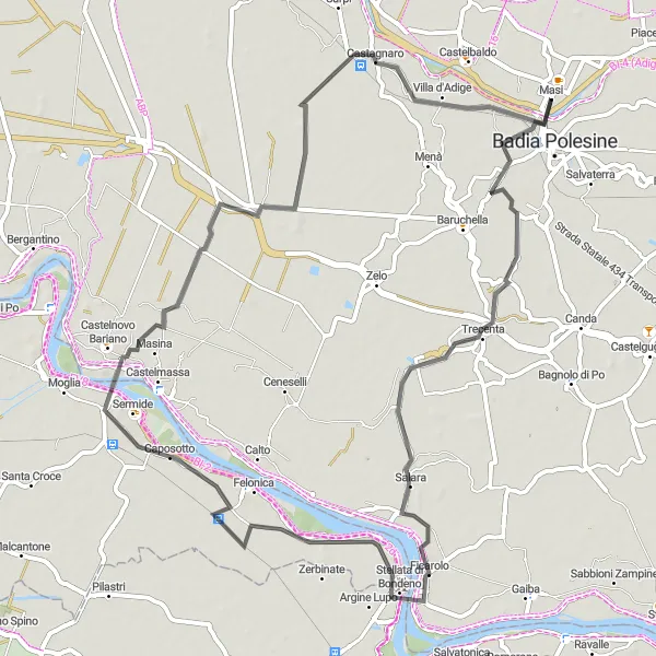 Miniature de la carte de l'inspiration cycliste "Parcours routier de 69 km près de Badia Polesine" dans la Veneto, Italy. Générée par le planificateur d'itinéraire cycliste Tarmacs.app