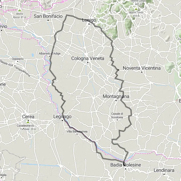 Mapa miniatúra "Road cycling through Legnago and Lonigo" cyklistická inšpirácia v Veneto, Italy. Vygenerované cyklistickým plánovačom trás Tarmacs.app