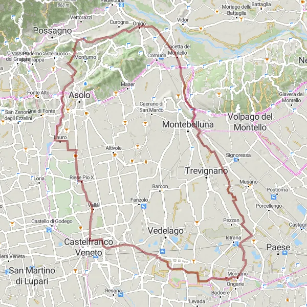 Miniatura della mappa di ispirazione al ciclismo "Giro in Gravel tra Badoere e Padernello" nella regione di Veneto, Italy. Generata da Tarmacs.app, pianificatore di rotte ciclistiche