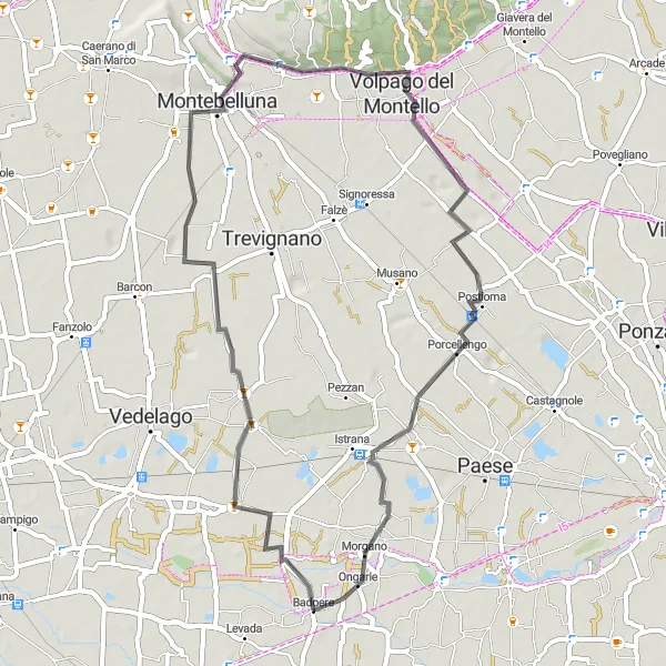 Miniatura mapy "Trasa Szosowa Fossalunga di Vedelago - Montebelluna - Belvedere - Badoere" - trasy rowerowej w Veneto, Italy. Wygenerowane przez planer tras rowerowych Tarmacs.app