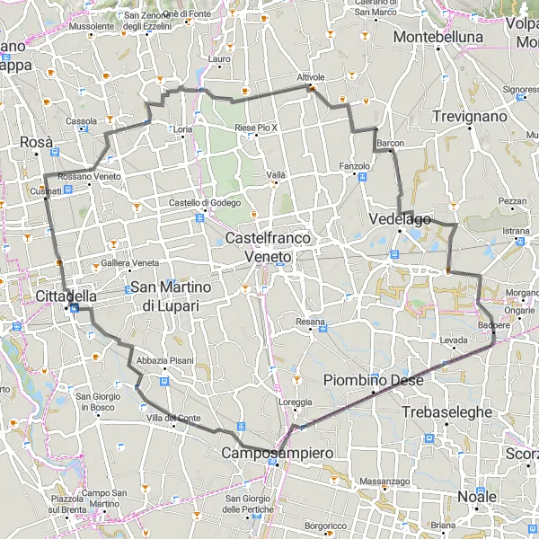 Miniaturní mapa "Okruhová cyklistická trasa Camposampiero - Belvedere - Barcon - Cavasagra" inspirace pro cyklisty v oblasti Veneto, Italy. Vytvořeno pomocí plánovače tras Tarmacs.app