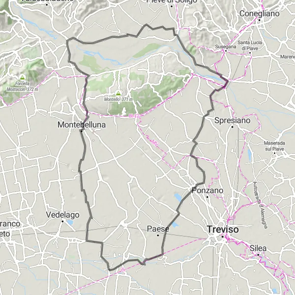 Mapa miniatúra "Okruh cez Fossalunga di Vedelago a Colfosco" cyklistická inšpirácia v Veneto, Italy. Vygenerované cyklistickým plánovačom trás Tarmacs.app