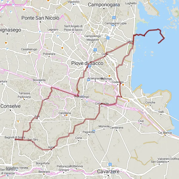 Miniaturní mapa "Gravel Adventure in Veneto" inspirace pro cyklisty v oblasti Veneto, Italy. Vytvořeno pomocí plánovače tras Tarmacs.app