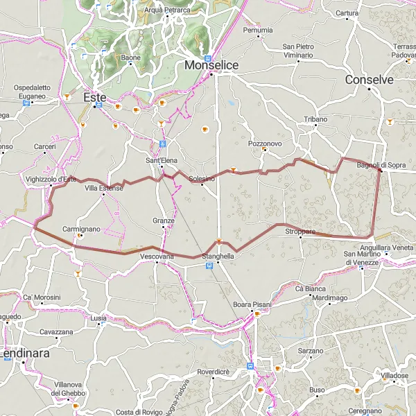 Zemljevid v pomanjšavi "Gravelna krožna pot okoli Bagnoli di Sopra" kolesarske inspiracije v Veneto, Italy. Generirano z načrtovalcem kolesarskih poti Tarmacs.app