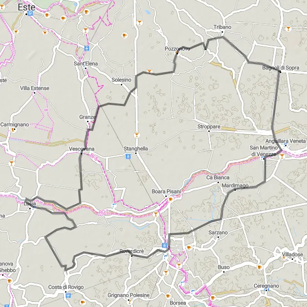 Miniatura della mappa di ispirazione al ciclismo "Tour ciclistico da Mardimago a Bagnoli di Sopra" nella regione di Veneto, Italy. Generata da Tarmacs.app, pianificatore di rotte ciclistiche