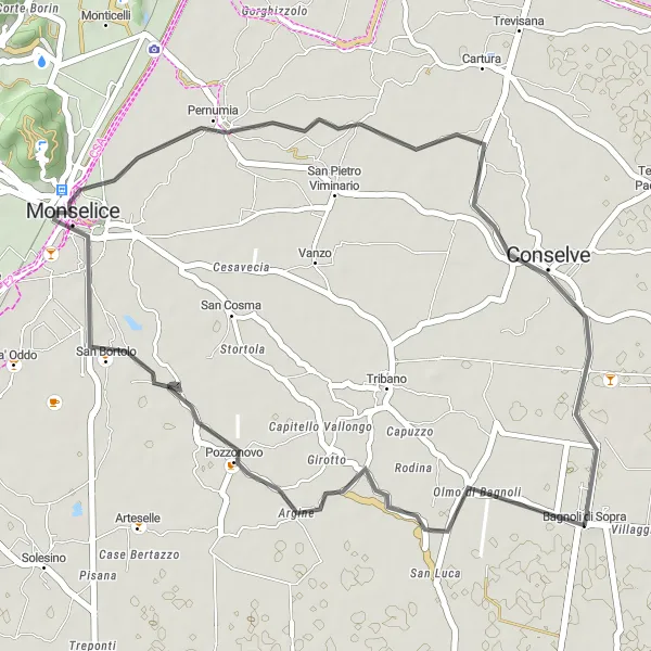 Miniatua del mapa de inspiración ciclista "Excursión escénica a Monselice" en Veneto, Italy. Generado por Tarmacs.app planificador de rutas ciclistas