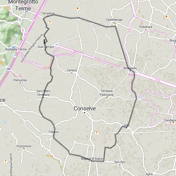 Miniatua del mapa de inspiración ciclista "Ruta por carretera a Due Carrare" en Veneto, Italy. Generado por Tarmacs.app planificador de rutas ciclistas