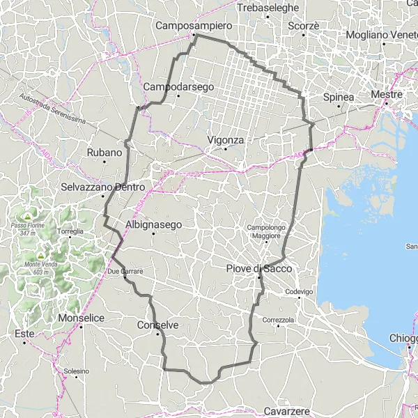 Miniatua del mapa de inspiración ciclista "Ruta Carretera desde Bagnoli di Sopra" en Veneto, Italy. Generado por Tarmacs.app planificador de rutas ciclistas
