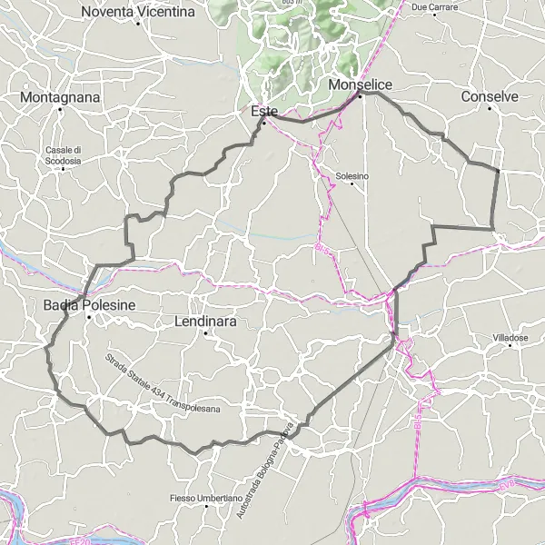 Map miniature of "Boara Pisani Road Adventure" cycling inspiration in Veneto, Italy. Generated by Tarmacs.app cycling route planner