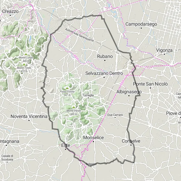 Zemljevid v pomanjšavi "Po sledeh Padovanske regije" kolesarske inspiracije v Veneto, Italy. Generirano z načrtovalcem kolesarskih poti Tarmacs.app