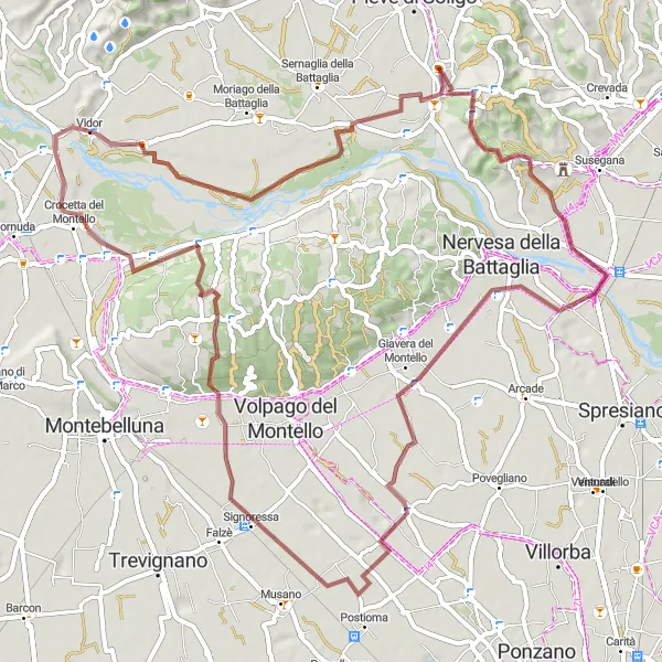 Miniatua del mapa de inspiración ciclista "Aventura en Grava por Montello y Passo della Calchera" en Veneto, Italy. Generado por Tarmacs.app planificador de rutas ciclistas
