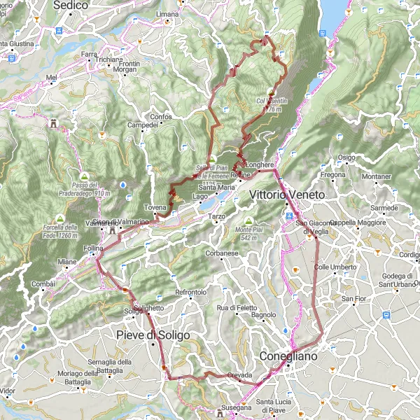 Miniature de la carte de l'inspiration cycliste "Défi montagneux de Barbisano à Conegliano" dans la Veneto, Italy. Générée par le planificateur d'itinéraire cycliste Tarmacs.app