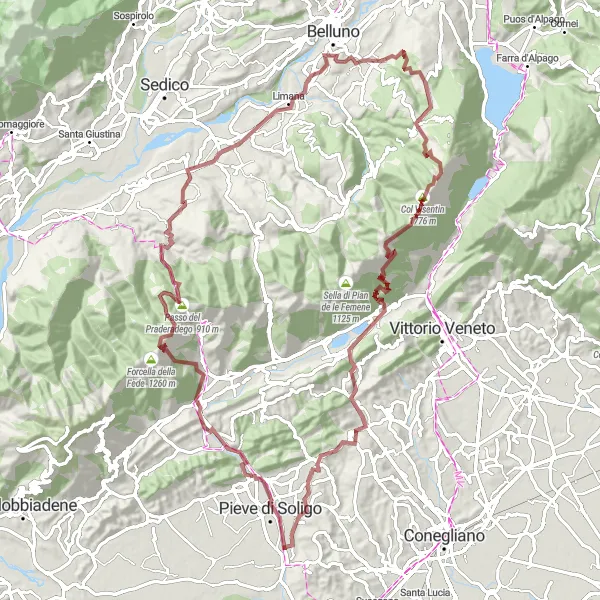 Miniatuurkaart van de fietsinspiratie "Gravelroute van Barbisano naar Refrontolo via Nevegal" in Veneto, Italy. Gemaakt door de Tarmacs.app fietsrouteplanner