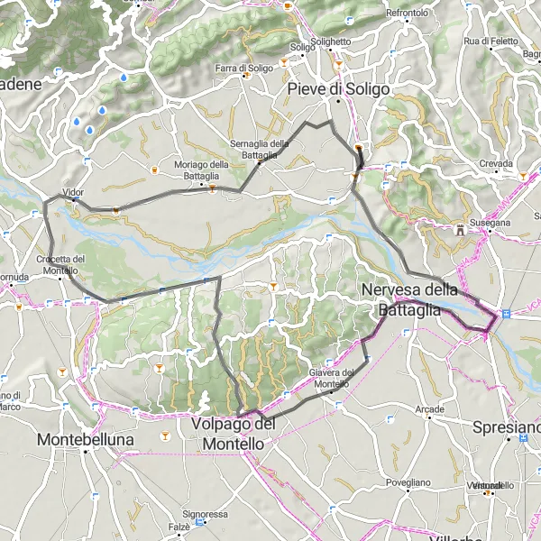 Miniatua del mapa de inspiración ciclista "Atravesando Selva del Montello y Sernaglia della Battaglia" en Veneto, Italy. Generado por Tarmacs.app planificador de rutas ciclistas