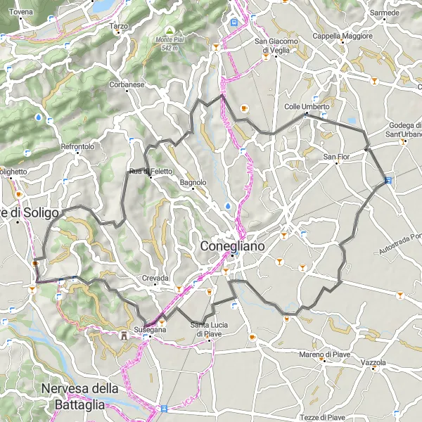 Miniatuurkaart van de fietsinspiratie "Schilderachtige route langs Scomigo en Collalto" in Veneto, Italy. Gemaakt door de Tarmacs.app fietsrouteplanner