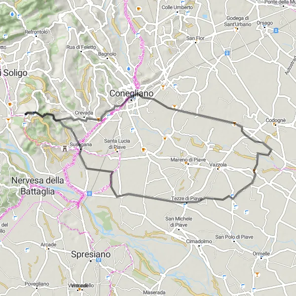 Miniatuurkaart van de fietsinspiratie "Rondrit van Barbisano naar Collalto via Parè" in Veneto, Italy. Gemaakt door de Tarmacs.app fietsrouteplanner