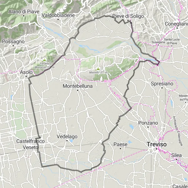 Mapa miniatúra "Dlhá cesta cez Colfosco a Maser" cyklistická inšpirácia v Veneto, Italy. Vygenerované cyklistickým plánovačom trás Tarmacs.app