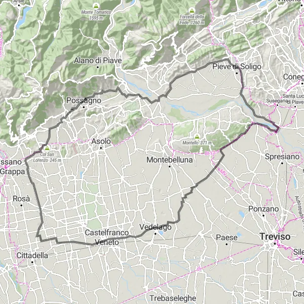 Miniatura della mappa di ispirazione al ciclismo "Avventura ciclistica tra Nervesa della Battaglia e Barbisano" nella regione di Veneto, Italy. Generata da Tarmacs.app, pianificatore di rotte ciclistiche