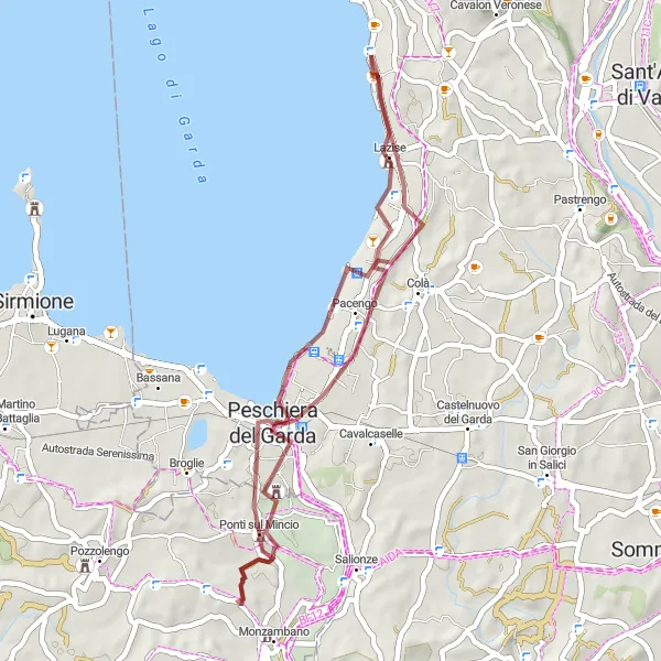 Miniaturekort af cykelinspirationen "Grusvejstur rundt om Gardasøen" i Veneto, Italy. Genereret af Tarmacs.app cykelruteplanlægger