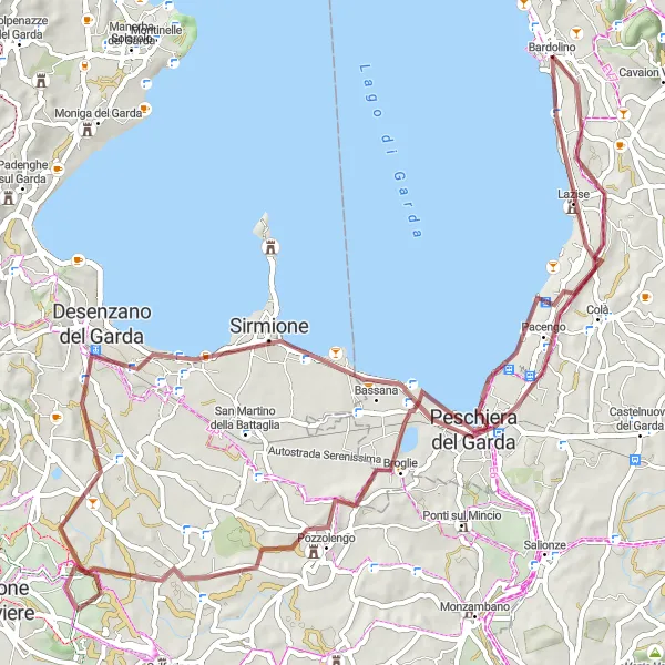 Kartminiatyr av "Grusvägsäventyr: Bardolino - Desenzano del Garda - Sirmione" cykelinspiration i Veneto, Italy. Genererad av Tarmacs.app cykelruttplanerare